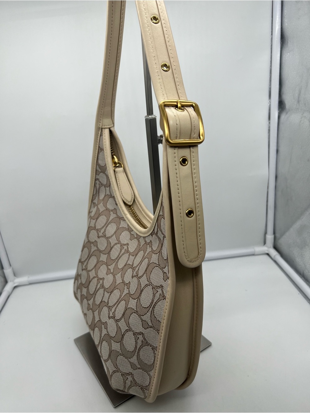 COACH C2588 Ergo Signature Jacquard Brass Stone Ivory Leather Shoulder Bag Hobo - Picture 6 of 17